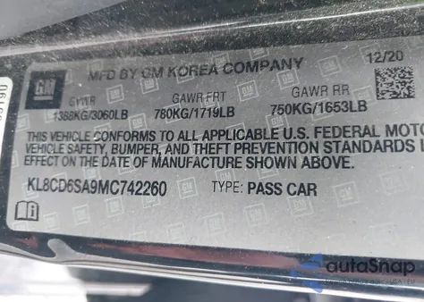 2021 Chevrolet Spark Fwd 1Lt Automatic z USA, uszkodzony, nr VIN KL8CD6SA9MC742260